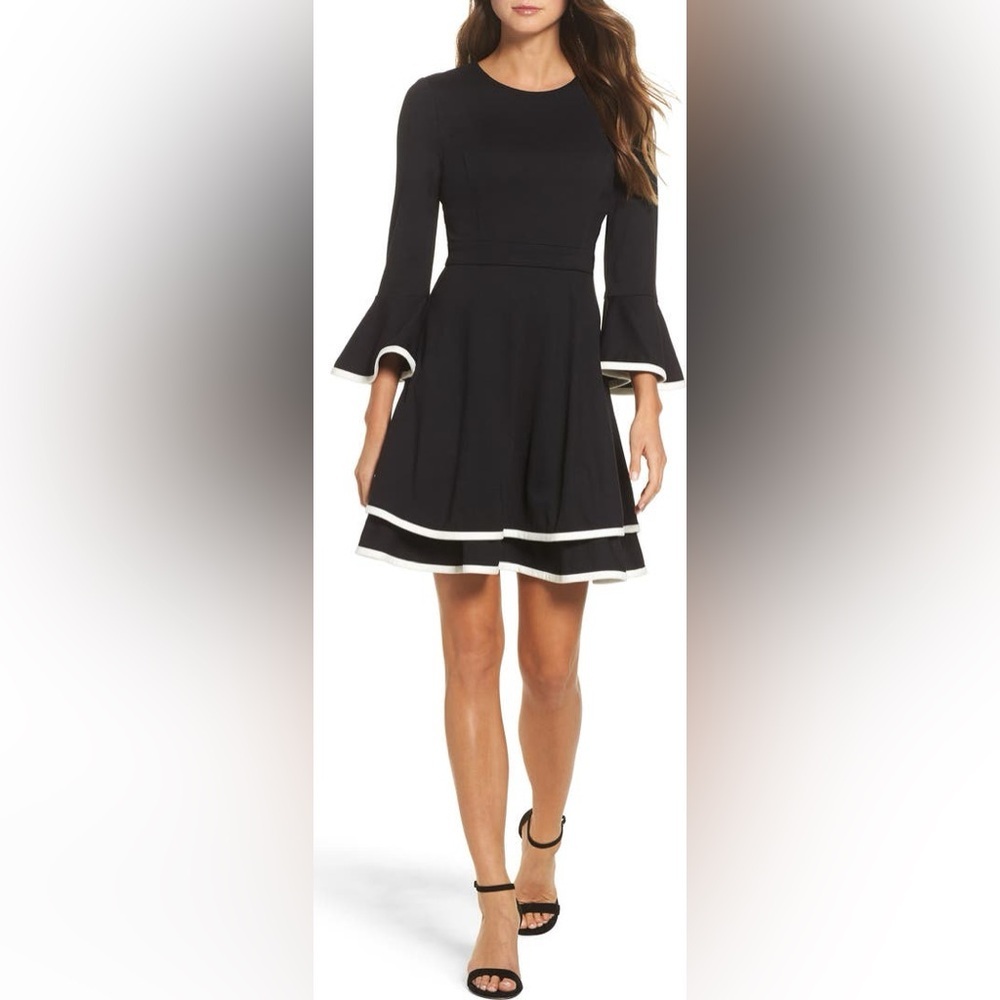 Eliza J Dress Womens 6 Black White Bell Sleeve Ruffled Mini Feminine Romantic - Picture 1 of 14